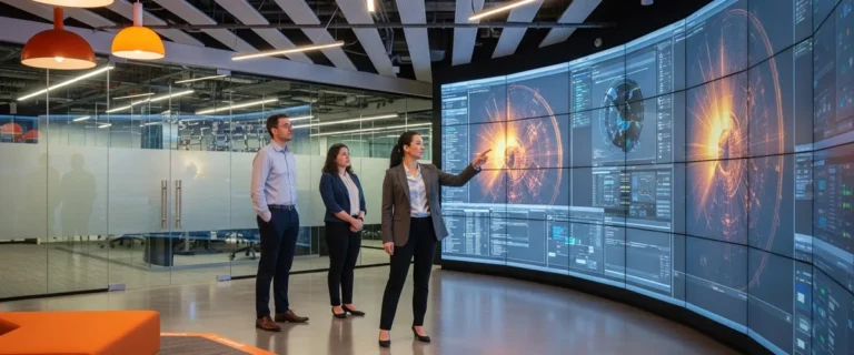 Database administrator team reviewing data operations dashboards on a curved video wall in a modern enterprise operations center