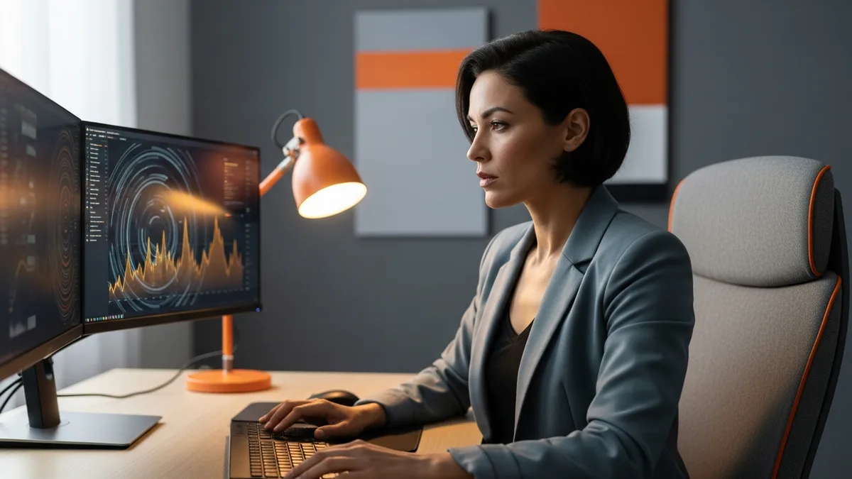 Senior database administrator reviewing query performance plans and slow-query metrics on a multi-monitor workstation
