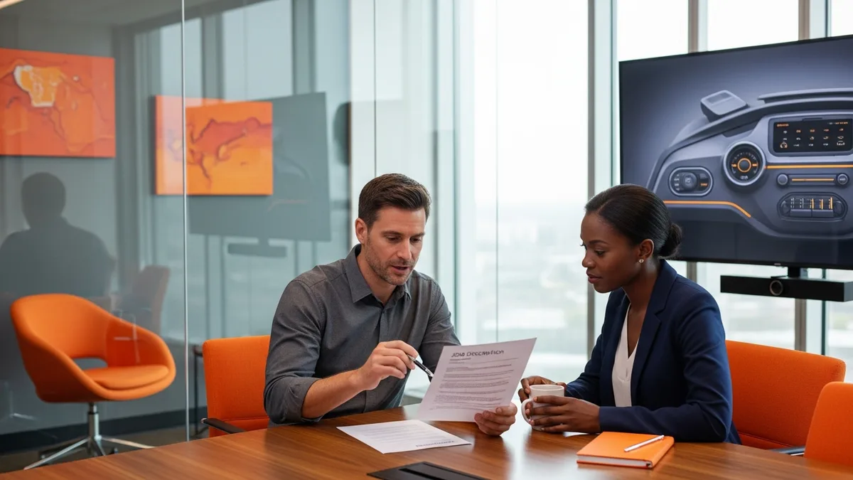 Hiring manager and senior IT director reviewing a database administrator job description in a modern glass-walled conference room