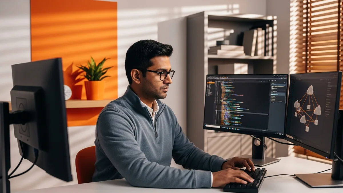 Cloud platform database administrator working in a code editor and cloud architecture diagram at a modern home office workstation