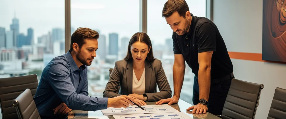 Database operations team reviewing a printed database architecture diagram in a modern enterprise meeting room