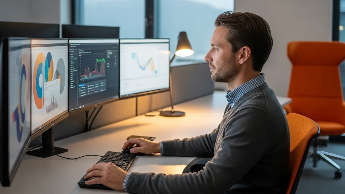 Senior database administrator at a three-monitor workstation reviewing a slow query execution plan and dashboards in a modern data operations center