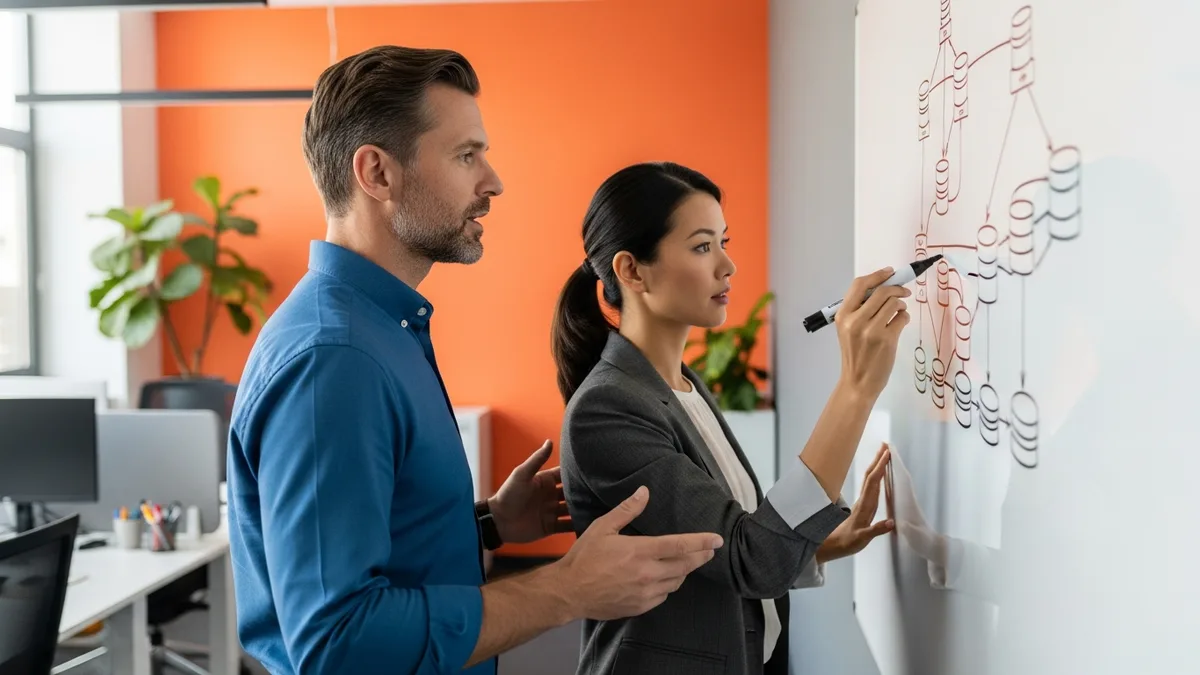 Two cloud platform DBAs at a whiteboard sketching a multi-region database replication topology and failover plan