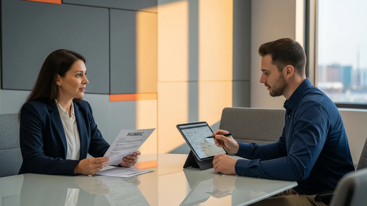 Hiring manager and DBA candidate working through a hands-on scenario interview at a glass conference table