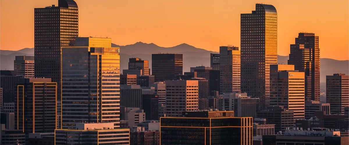 Downtown Denver Colorado skyline at golden hour with Rocky Mountains in the background — featured image for the 2026 best staffing agencies in Denver ranking