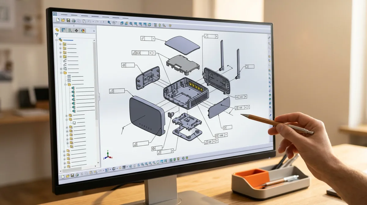 Close-up of a 3D CAD assembly of a consumer product enclosure with tolerance callouts visible on a designer's monitor