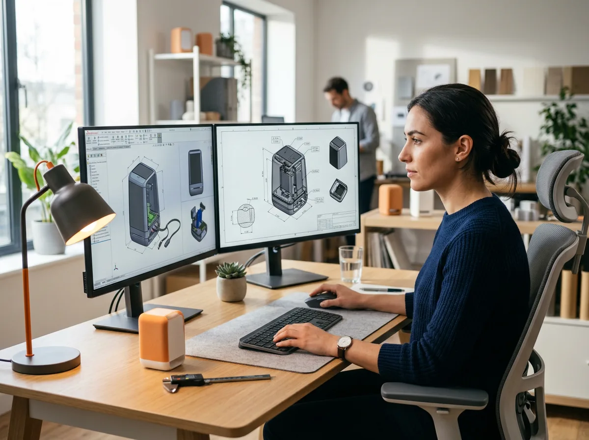 Design engineer at dual-monitor CAD workstation reviewing a 3D parametric assembly of a consumer product enclosure