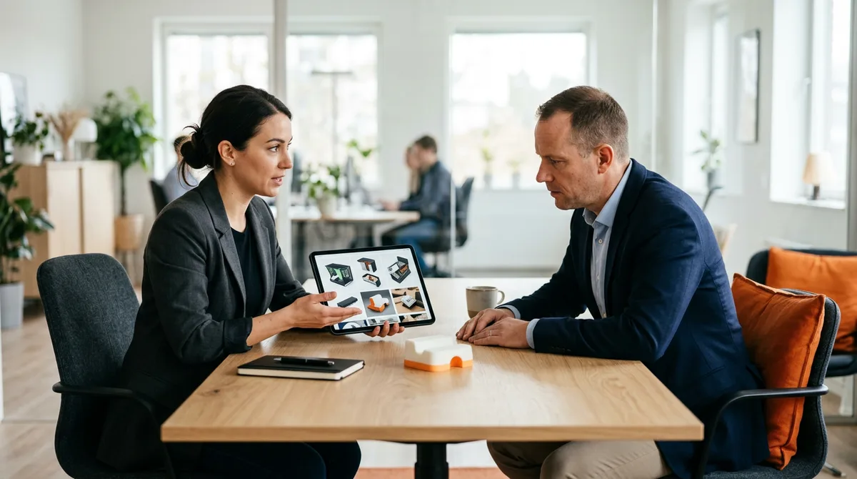 KORE1 recruiter reviewing a design engineer's portfolio of product CAD renders and prototype photos with a client hiring manager