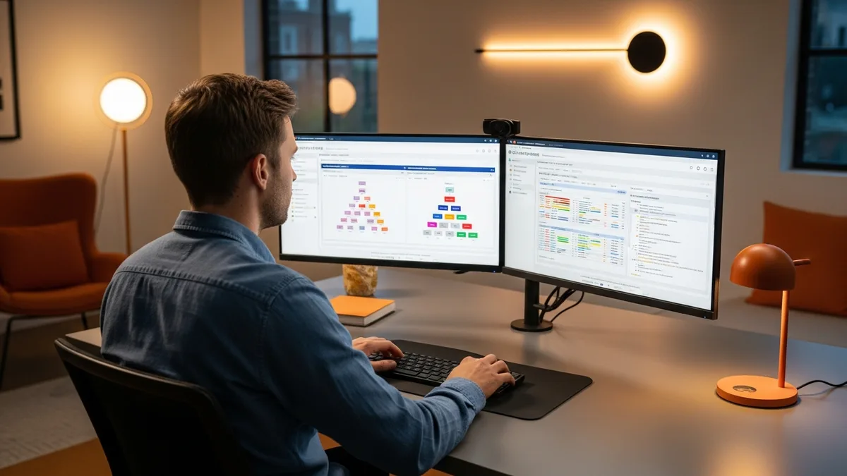 Senior DevSecOps engineer at a dual-monitor workstation reviewing a CI/CD pipeline security dashboard with container vulnerability scans and SBOM artifact output