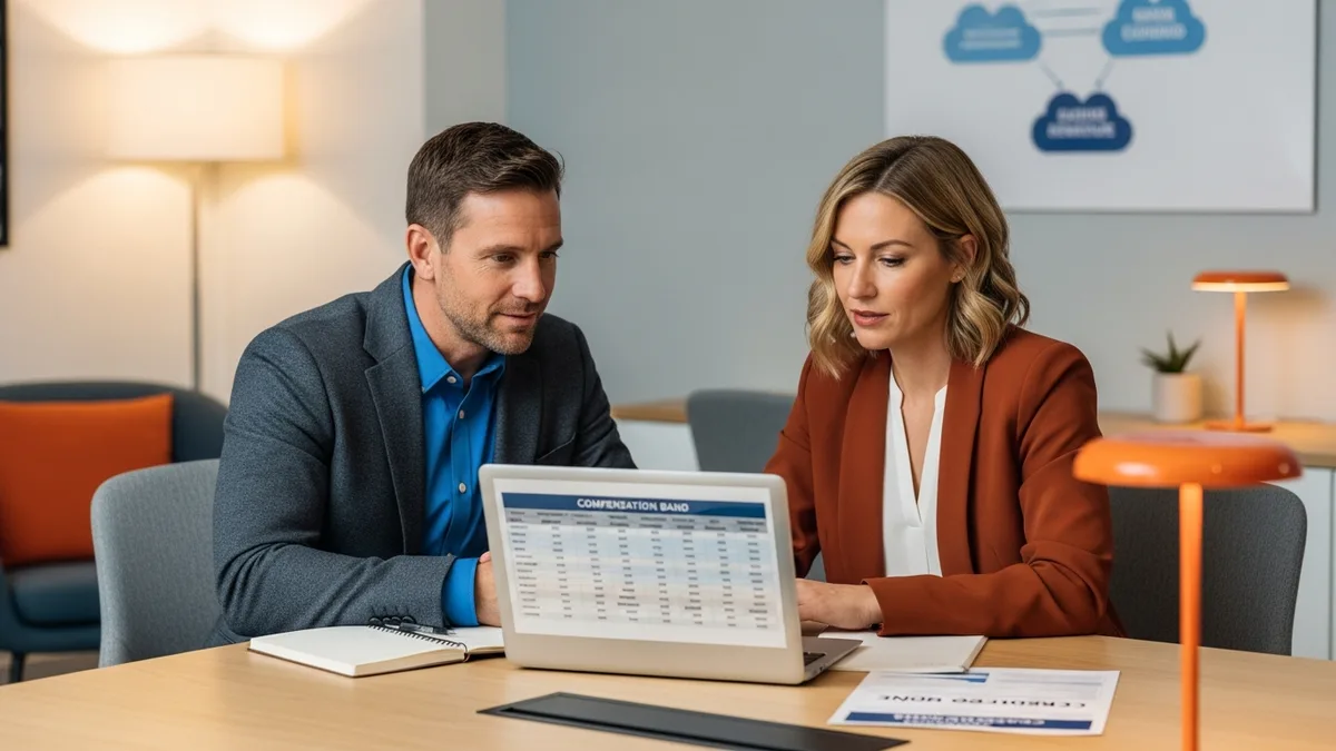 Hiring manager and DevSecOps recruiter reviewing a compensation band spreadsheet and candidate offer model in a modern conference room