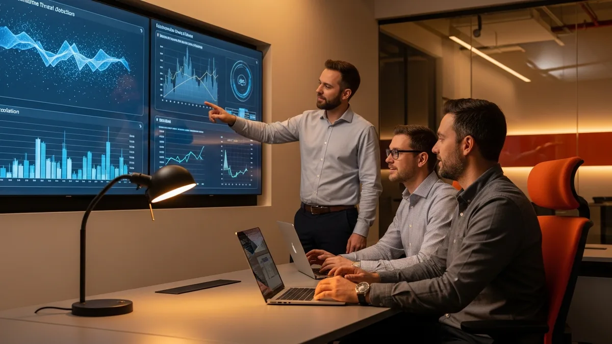 DevSecOps engineering team in a security operations center reviewing a Kubernetes runtime threat detection dashboard and SIEM correlation alerts