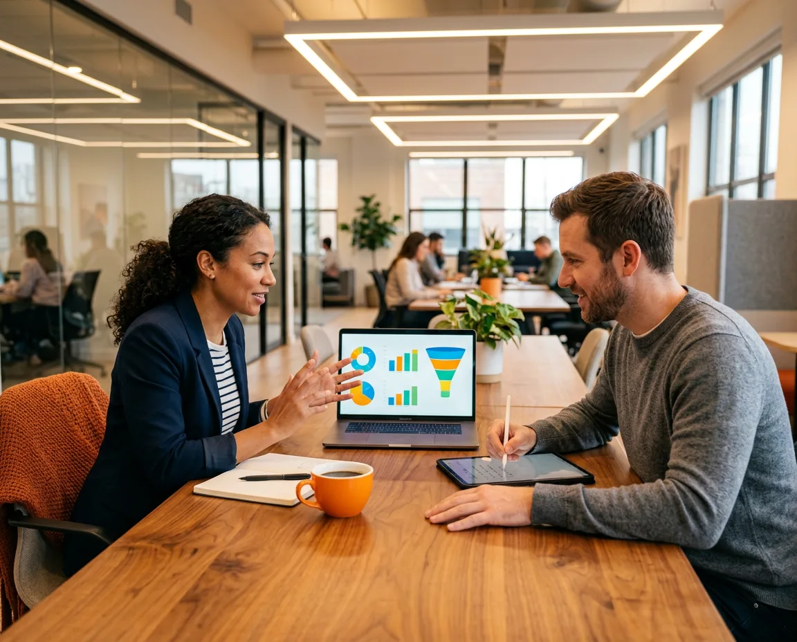Two digital marketers collaborating on a campaign dashboard with colorful charts and performance metrics