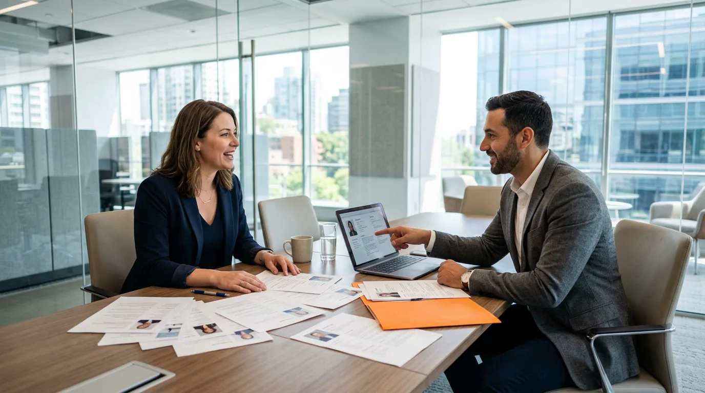 Marketing manager and recruiter reviewing candidate profiles on a laptop during a staffing consultation