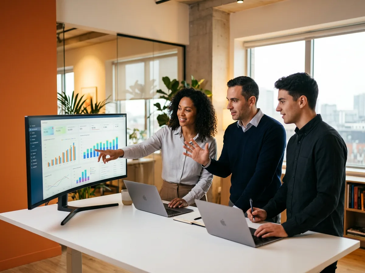Digital marketing team reviewing campaign analytics on a widescreen monitor in a bright office