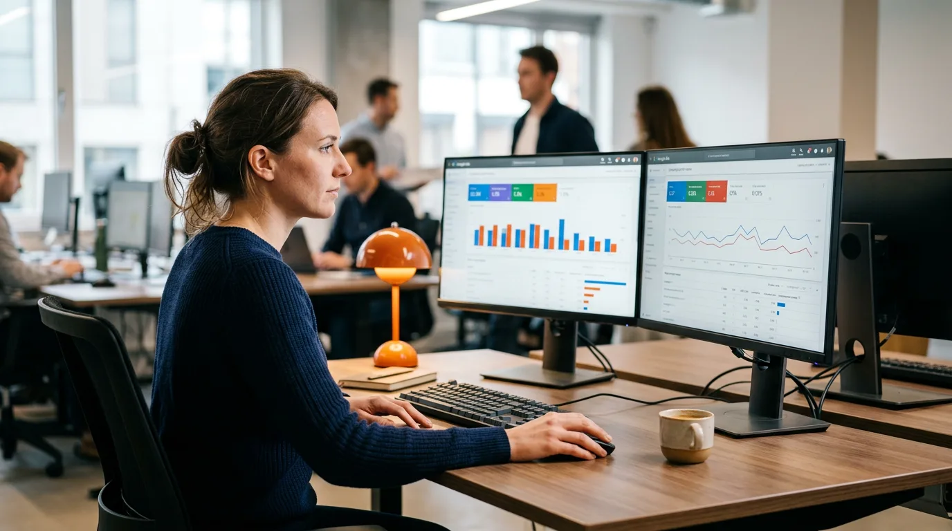 Marketing analyst studying paid media performance data on dual monitors