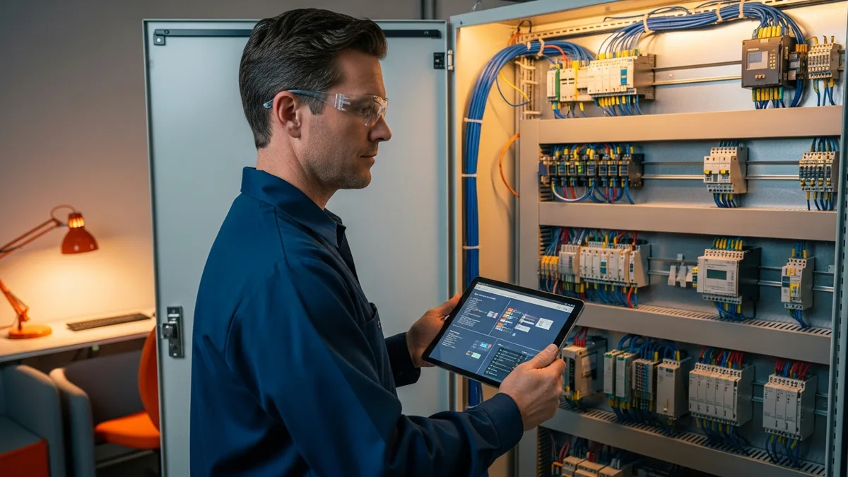Industrial controls engineer at an open electrical control panel cabinet reviewing Allen-Bradley PLC ladder logic and Siemens HMI screens with neatly organized terminal blocks and control wiring