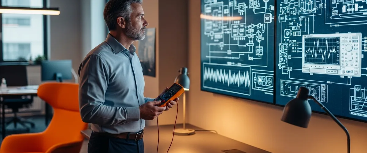 Confident senior electrical engineer in business casual attire at modern hardware engineering workspace holding a digital multimeter near oscilloscope and PCB layout displays