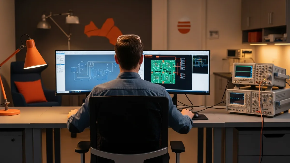 Senior electrical engineer at a dual-monitor workstation reviewing circuit schematics, PCB layouts, and ladder logic with benchtop oscilloscope and signal generator on adjacent lab bench