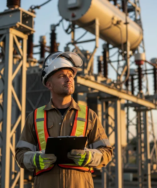 Senior power systems electrical engineer in arc-flash PPE inspecting high-voltage switchgear and transformer equipment at a utility substation at golden hour
