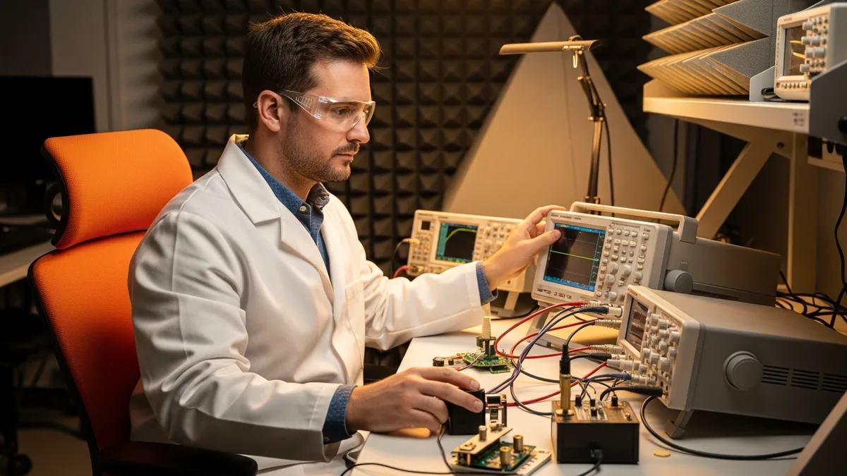 RF and test electrical engineer at an electronics test bench running EMC compliance measurements with benchtop oscilloscope, spectrum analyzer, and signal generator inside an anechoic chamber