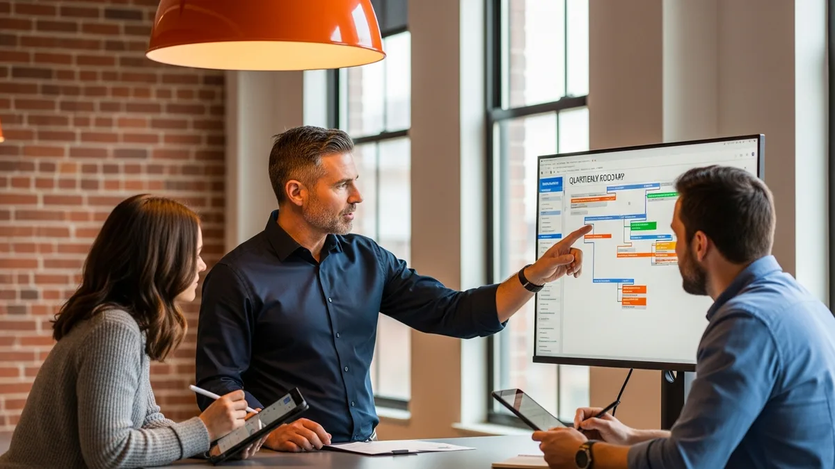 Senior male engineering manager reviewing 2026 product roadmap with two software engineers at standing desk in modern open-plan engineering office