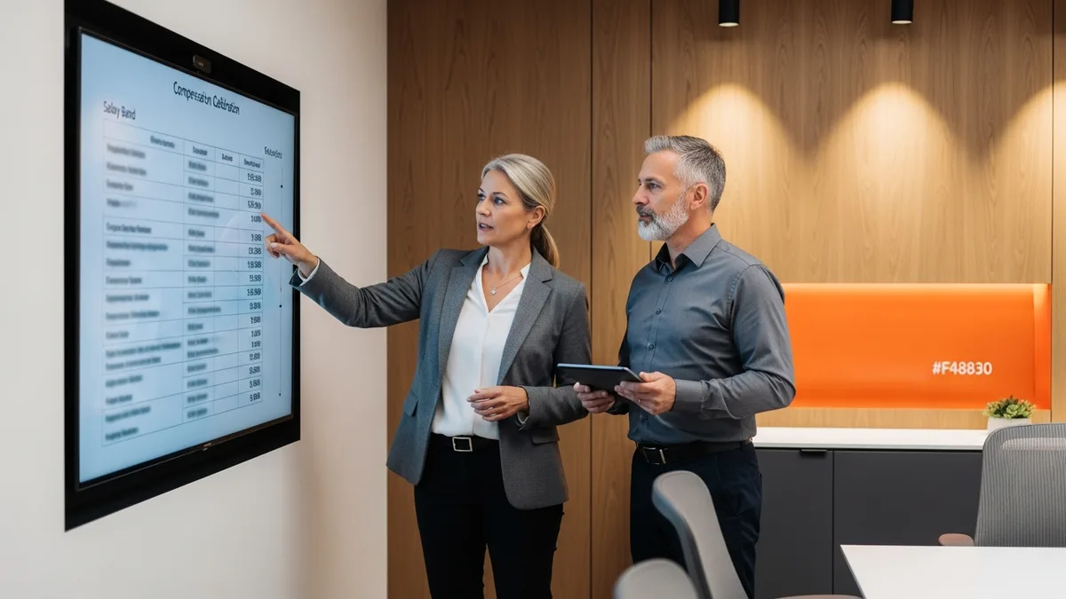 Two engineering managers reviewing 2026 compensation calibration data and engineering manager salary bands on conference room display