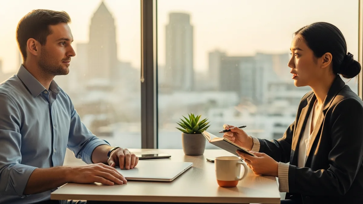 Engineering manager conducting one-on-one mentoring session with female software engineer at modern office desk near floor-to-ceiling window at golden hour