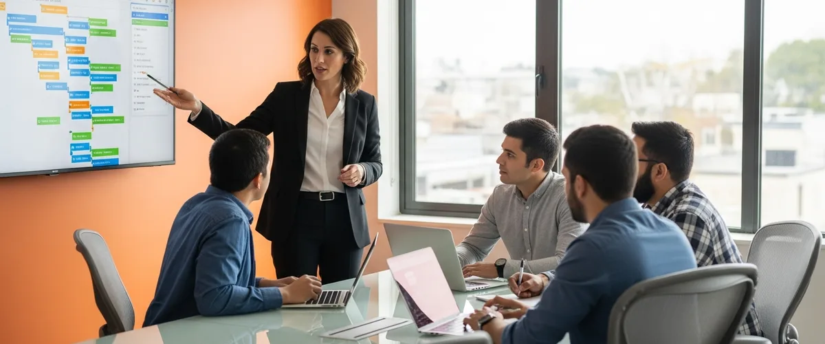 Female engineering manager leading sprint planning meeting with four-person engineering team in modern conference room with orange accent wall