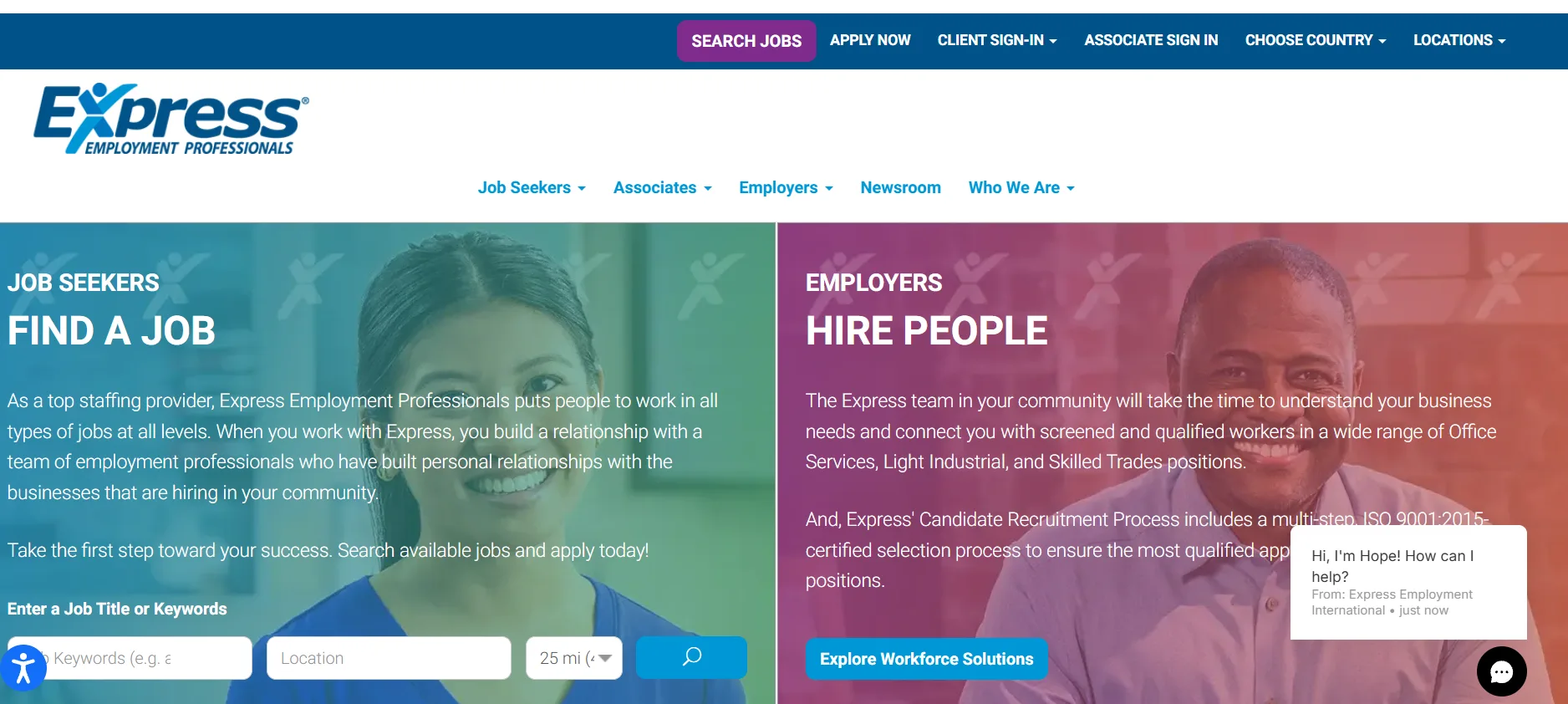 Screenshot of the Express Employment Professionals staffing agency homepage showing red white and blue branding with Find a Job and Hire People sections side by side