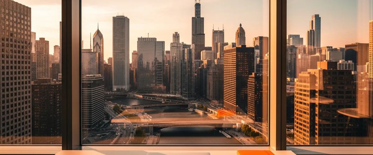 Chicago skyline at golden hour viewed from a modern corporate office with an orange notebook on a sleek desk featured image for best staffing agencies in Chicago 2026 guide