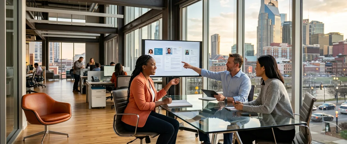 Recruiters in a modern Nashville office reviewing candidate profiles with the downtown skyline in the background
