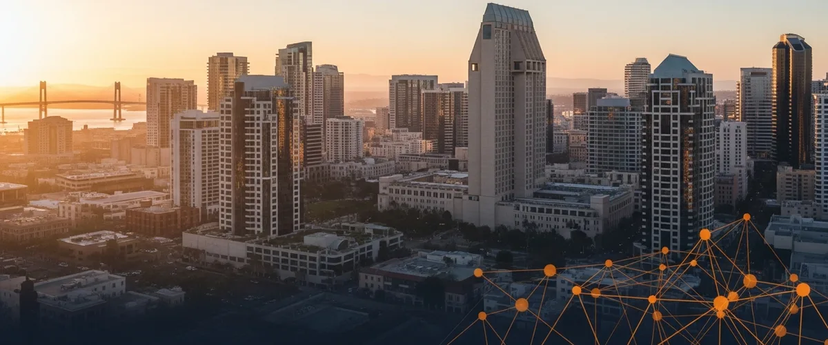 Best staffing agencies in San Diego 2026 — KORE1 ranked guide cover image with San Diego skyline at golden hour.
