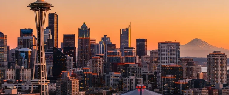 Best staffing agencies in Seattle 2026 — downtown Seattle skyline with Space Needle and Mount Rainier
