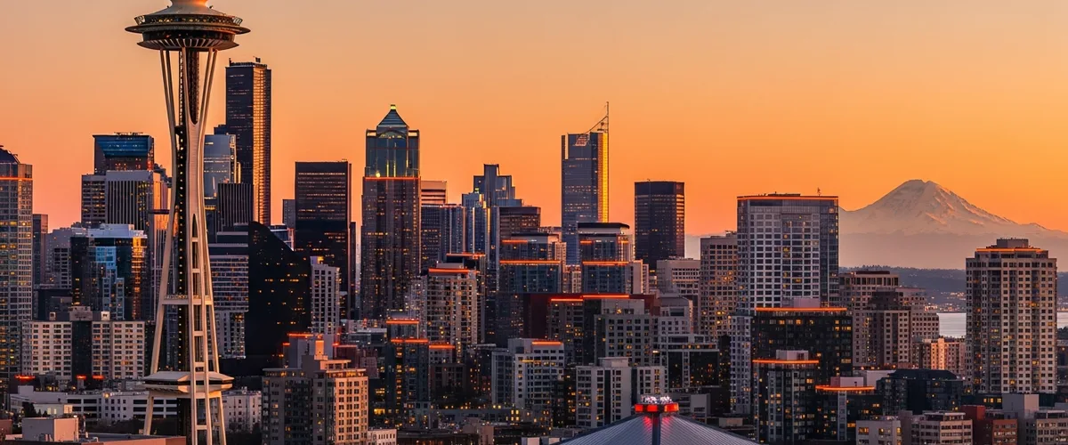 Best staffing agencies in Seattle 2026 — downtown Seattle skyline with Space Needle and Mount Rainier