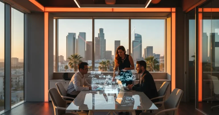IT staffing agency Los Angeles team collaborating with downtown LA skyline view in modern office