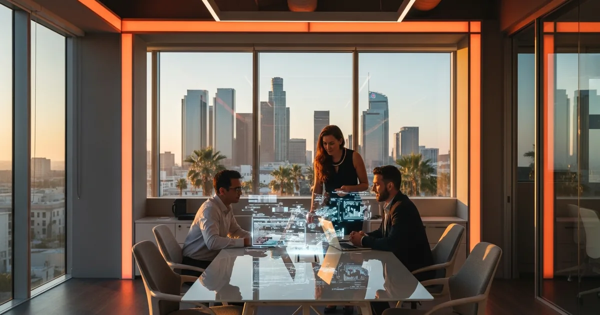 IT staffing agency Los Angeles team collaborating with downtown LA skyline view in modern office