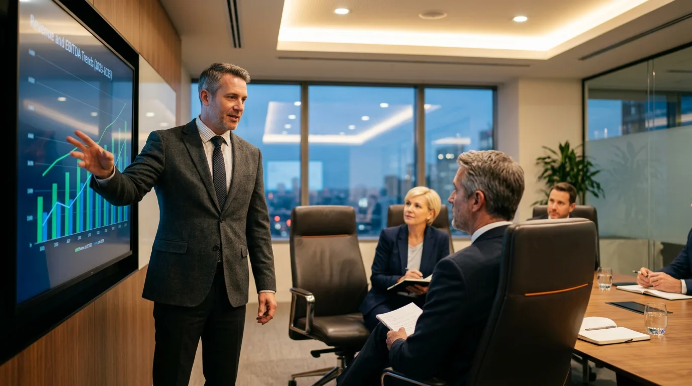 Finance manager presenting a financial board pack to executive leadership in a modern boardroom