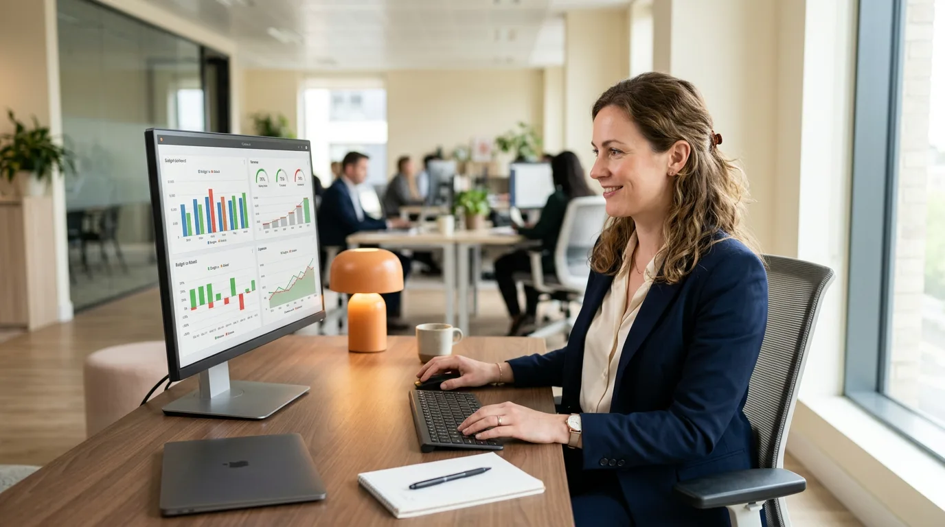 Finance manager reviewing budget versus actuals dashboard on a widescreen monitor in a modern KORE1 client office