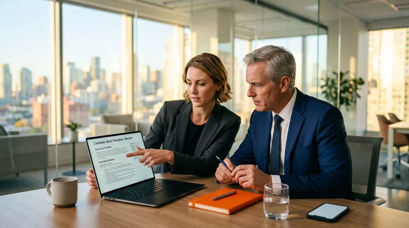 KORE1 recruiter and CFO reviewing finance manager candidate profiles together on a laptop in a glass-walled meeting room