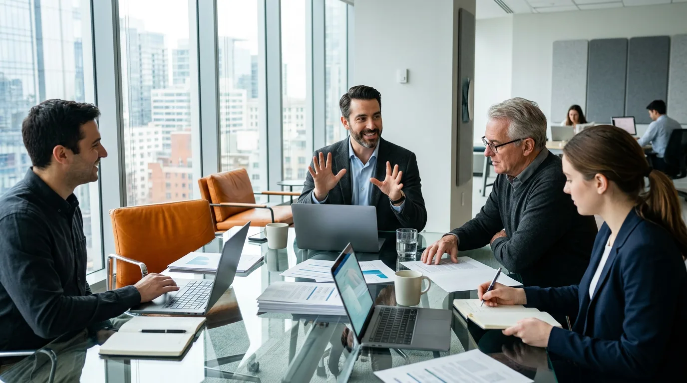 Finance manager leading a small finance team meeting around a glass conference table reviewing month-end variances