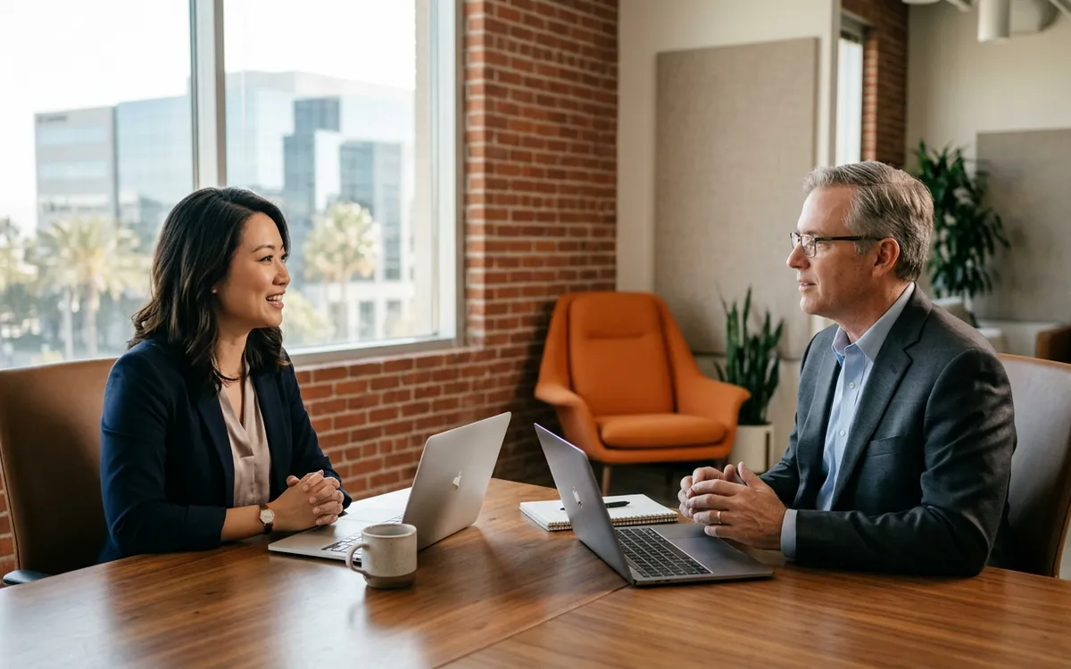 Fintech recruiters meeting with senior finance technology leader to discuss direct hire placements