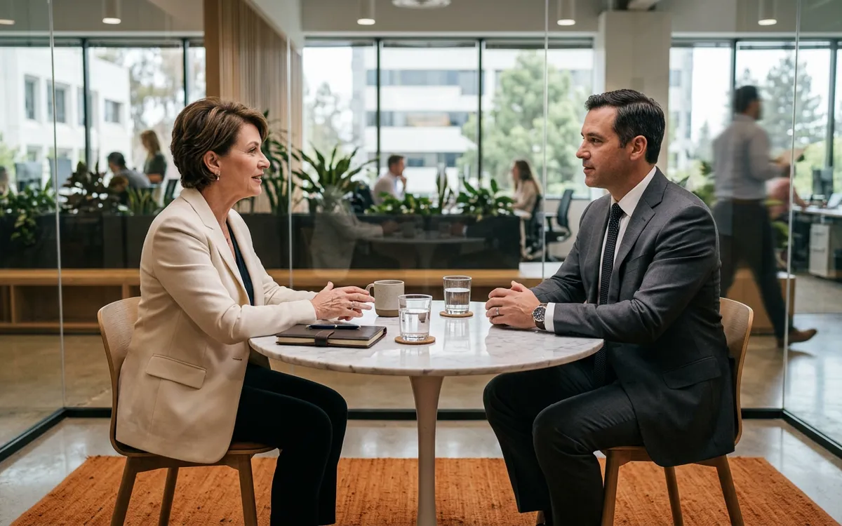 KORE1 senior recruiter interviewing a fintech executive candidate in a glass-walled conference room