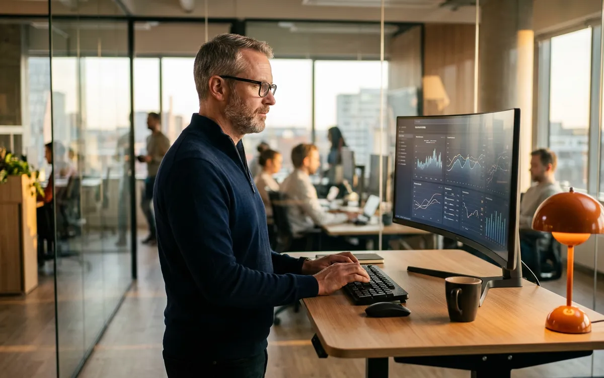 Senior fintech engineering leader reviewing a real-time payments dashboard on a curved monitor