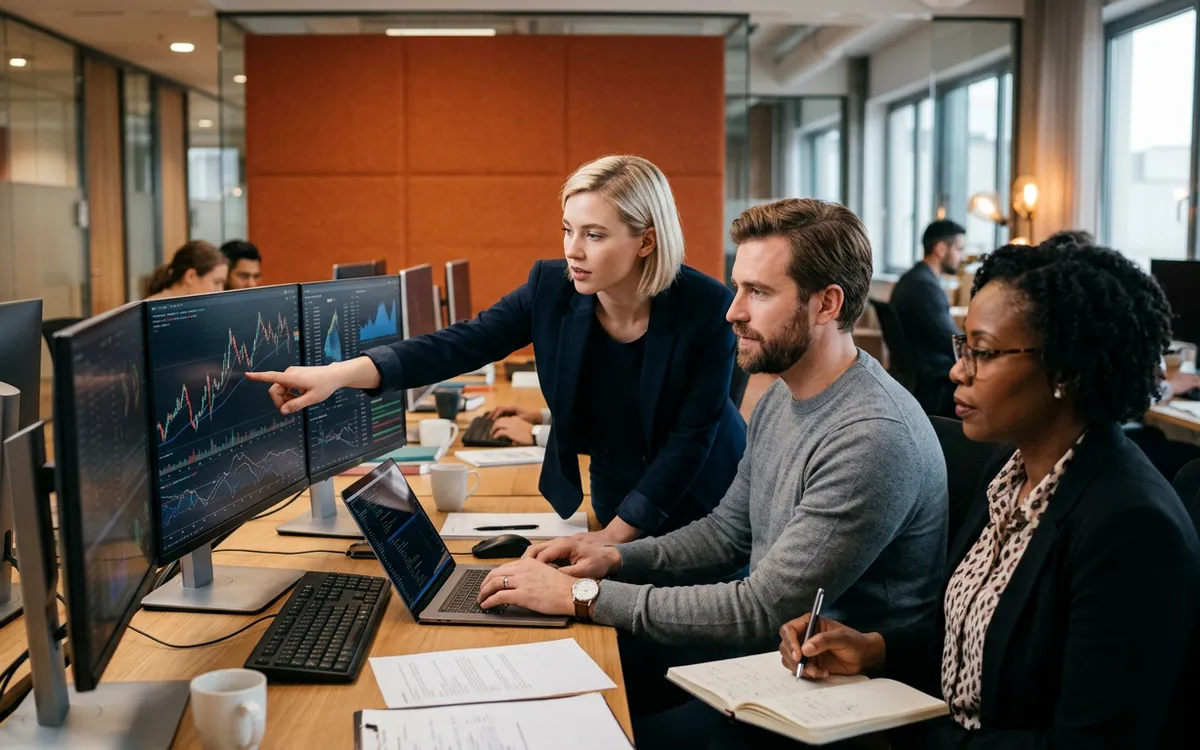 Quantitative analytics team at a fintech firm reviewing risk and credit scoring models