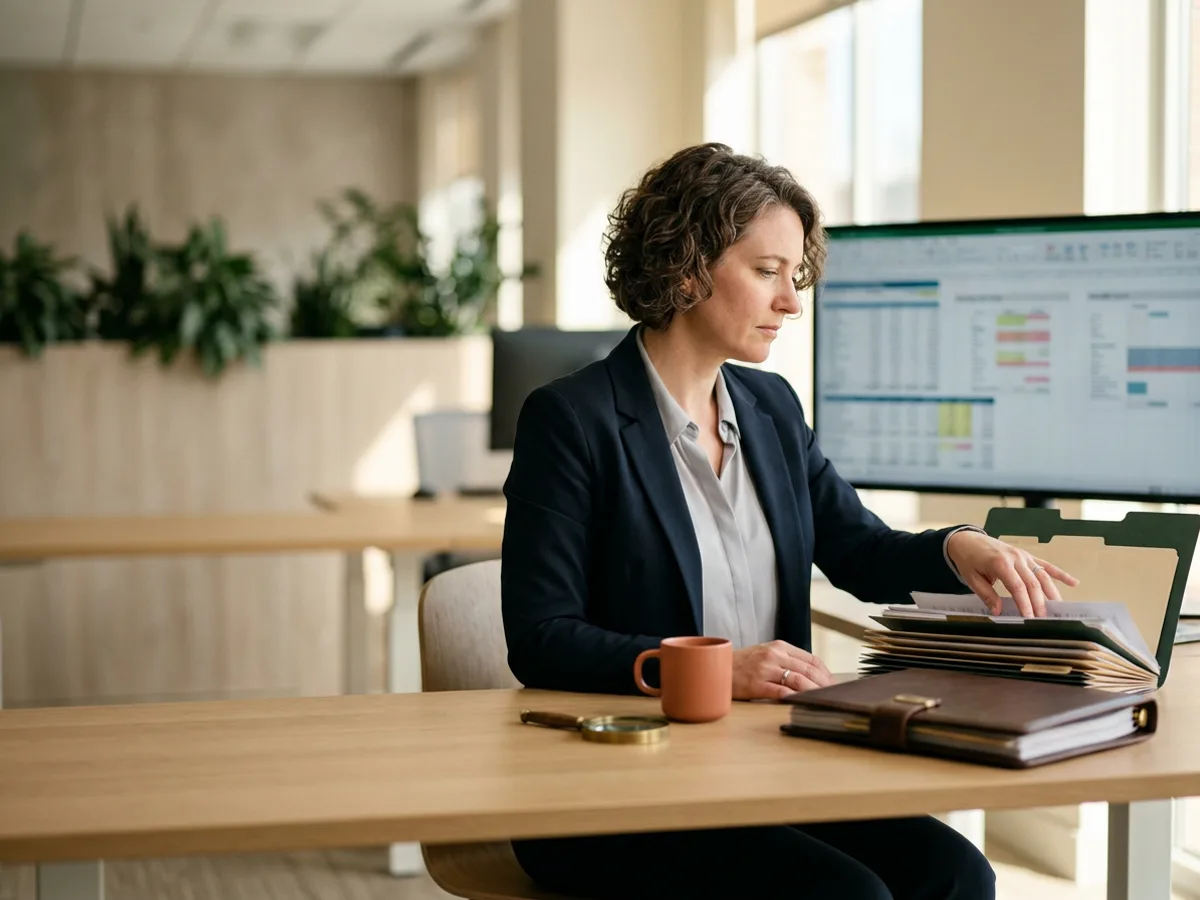 Senior forensic accountant examining bank records and an evidence binder at a sunlit desk, KORE1 forensic accountant staffing