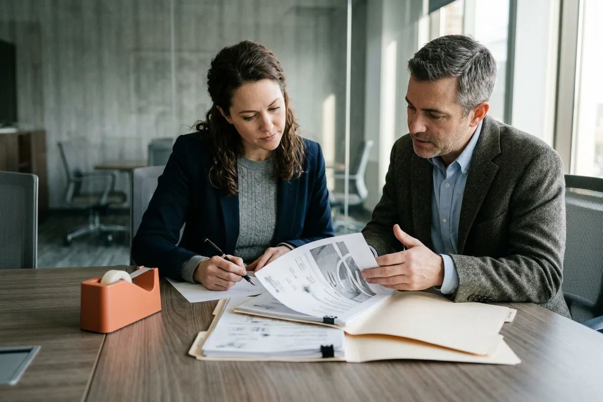 Two forensic accountants reviewing unmarked bank statements and evidence folders at a glass-walled meeting table