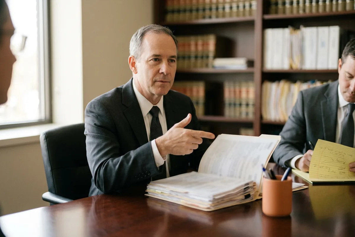 Forensic accountant in a dark suit serving as expert witness, walking findings through an attorney at a conference table