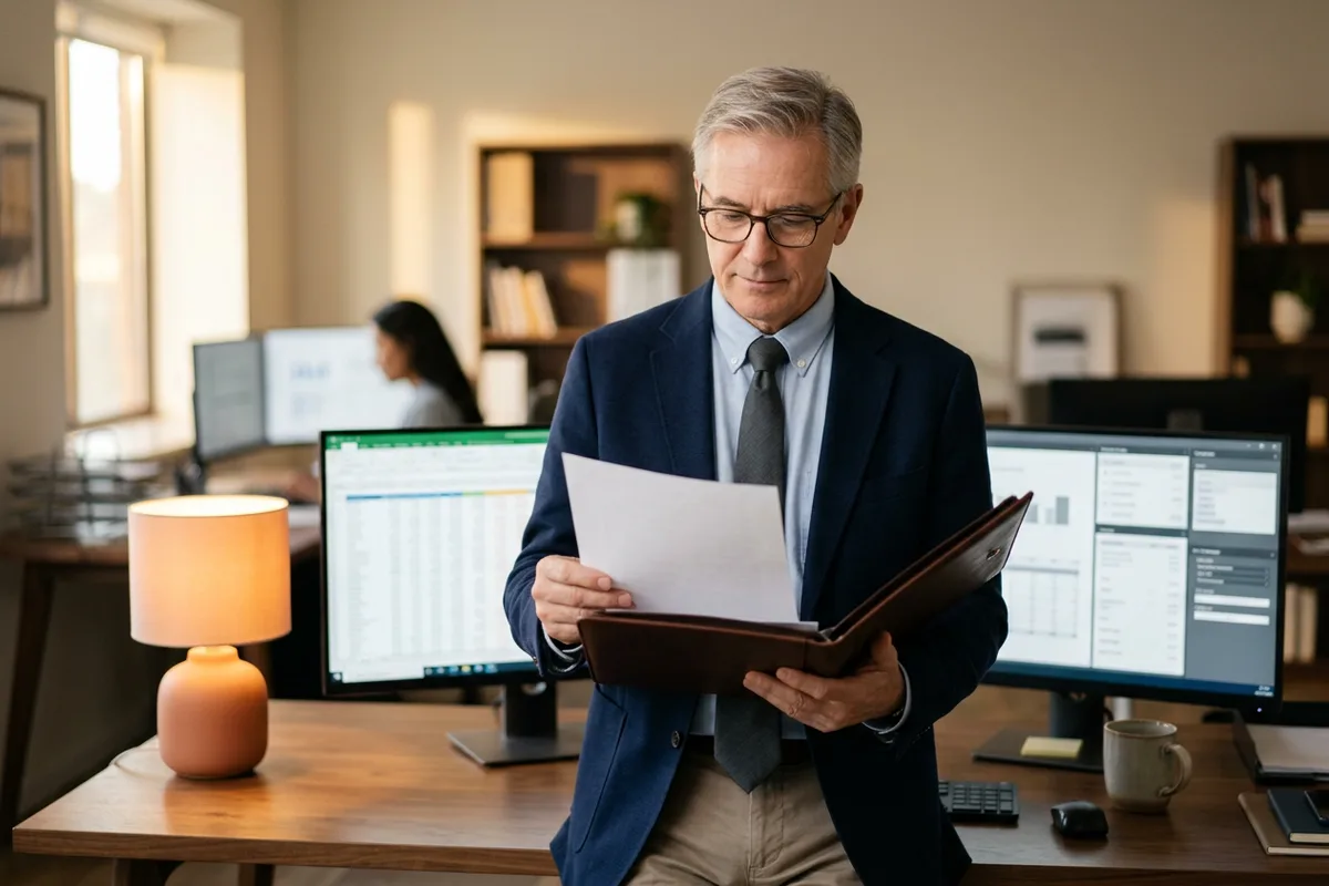 Senior forensic accountant standing at a desk reviewing an evidence binder beside dual monitors