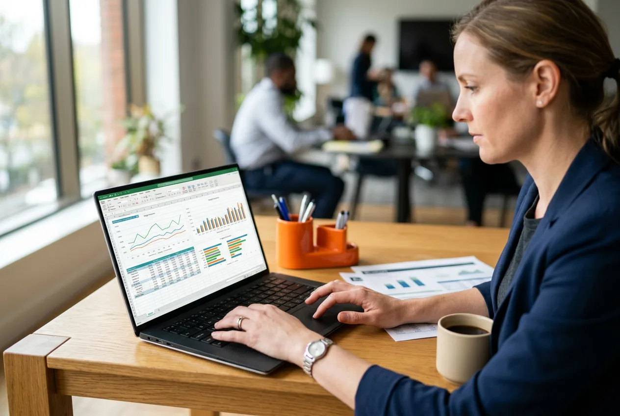 Close-up of a financial planning professional working on a multi-scenario forecast model on a laptop with printed budget documents nearby