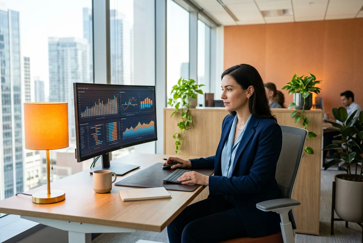 FP&A analyst reviewing financial forecasting dashboards on a widescreen monitor in a modern office with orange accent lighting